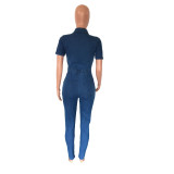 Sexy Turndown Neck Short Sleeve Hollow Out Denim Jumpsuit