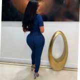 Sexy Turndown Neck Short Sleeve Hollow Out Denim Jumpsuit