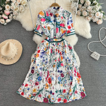 Short Sleeves Collar A Unique and Elegant Waist Cinching A-line Printed Shirt Pleated Dress
