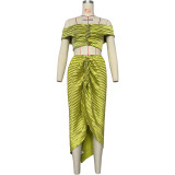 Women Fall Clothes 2023 Solid Color Pleated Off The Shoulder Tops Long Skirts Two Piece Set