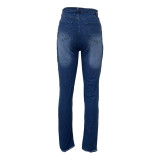 Women Denim Pant Ripped Diagonal Zip Jeans