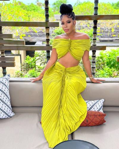 Women Fall Clothes 2023 Solid Color Pleated Off The Shoulder Tops Long Skirts Two Piece Set