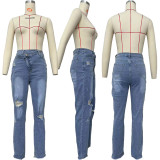 Women Denim Pant Ripped Diagonal Zip Jeans