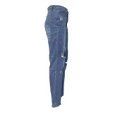Women Denim Pant Ripped Diagonal Zip Jeans