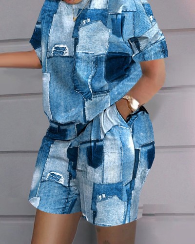 Casual Graphic Print Short Sleeve Two Piece Set with Pockets