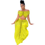 Women Fall Clothes 2023 Solid Color Pleated Off The Shoulder Tops Long Skirts Two Piece Set