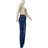 Women Denim Pant Ripped Diagonal Zip Jeans