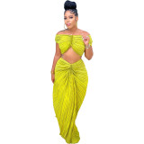 Women Fall Clothes 2023 Solid Color Pleated Off The Shoulder Tops Long Skirts Two Piece Set