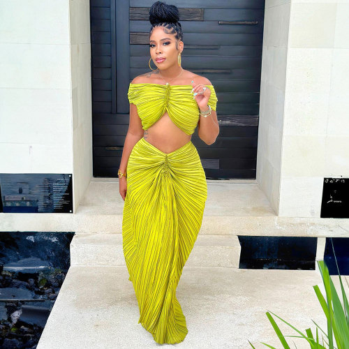 Women Fall Clothes 2023 Solid Color Pleated Off The Shoulder Tops Long Skirts Two Piece Set