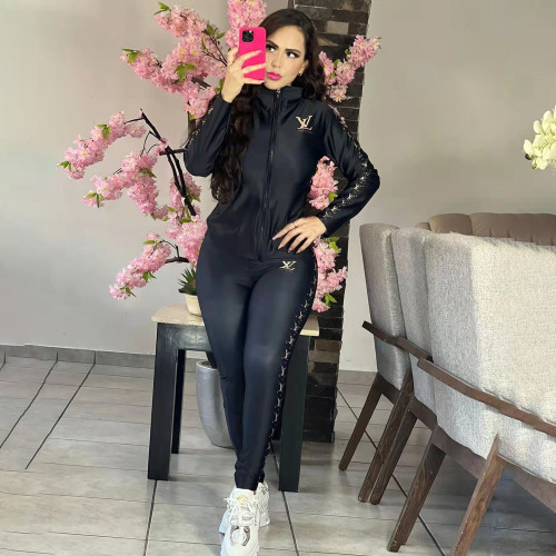 Casual Printed High Neck Zipper Two Piece Pant Set