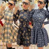 Casual Long Sleeve Printed Retro Pleated Dresses