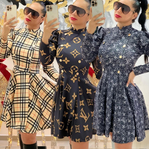 Casual Long Sleeve Printed Retro Pleated Dresses