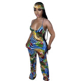 Casual Geometric Print Women's Straps Jumpsuit with Headscarf