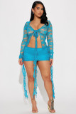 Elastic Lace V-Neck Tie-Up Sheer Sexy Mini Skirt Two-Piece Set