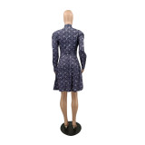 Casual Long Sleeve Printed Retro Pleated Dresses