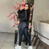 Casual Printed High Neck Zipper Two Piece Pant Set
