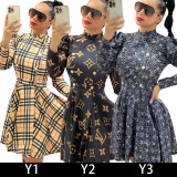 Casual Long Sleeve Printed Retro Pleated Dresses