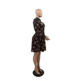 Casual Long Sleeve Printed Retro Pleated Dresses