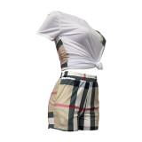 Casual Women's Clothing Printed Short Sleeve Shorts Set with Pocket