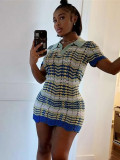 Casual Polo Lapel Knitted Short Sleeve Color Matching Bodycon Dresses