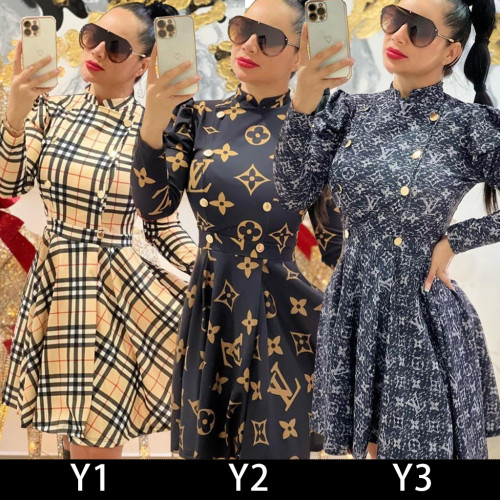 Casual Long Sleeve Printed Retro Pleated Dresses