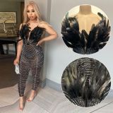 Feathered Sleeveless Dazzling Rhinestones Bodycon Jumpsuit