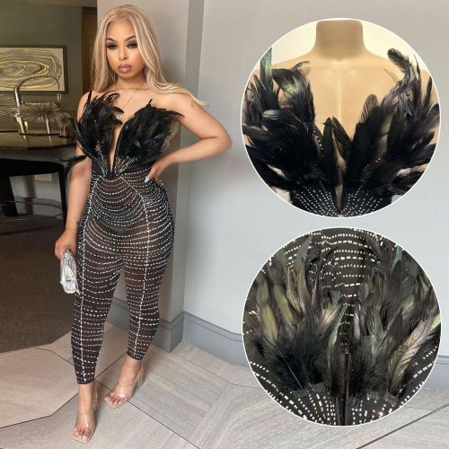 Feathered Sleeveless Dazzling Rhinestones Bodycon Jumpsuit