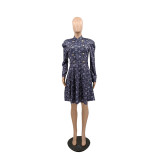 Casual Long Sleeve Printed Retro Pleated Dresses