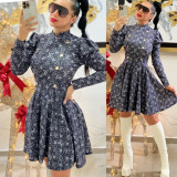 Casual Long Sleeve Printed Retro Pleated Dresses