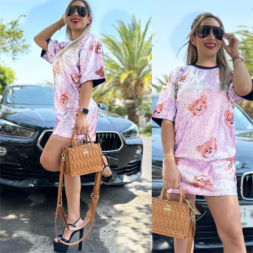 Fashion Short Sleeve Sequin Loose Summer Dress
