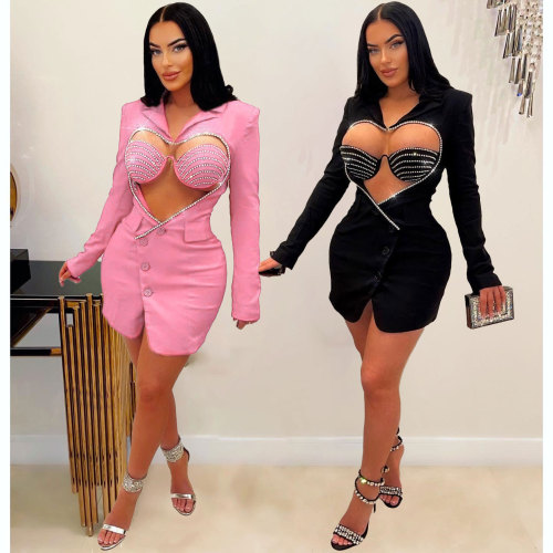 Sexy Solid Color Suit Hollow Iron Diamond Heart Shaped Slim Fit Two Piece Set