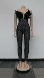 Feathered Sleeveless Dazzling Rhinestones Bodycon Jumpsuit