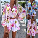 Summer Chiffon Lantern Sleeve V-Neck Blouse with Elastic Waist Straight Shorts Printed Set