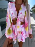 Summer Chiffon Lantern Sleeve V-Neck Blouse with Elastic Waist Straight Shorts Printed Set