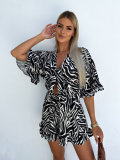 Wild and Free Zebra Print Cinched Waist Flirty Ruffle Sleeves Romper