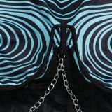 Swirl Print Chain Detail Bodycon Sheer Set with Tie-up Straps