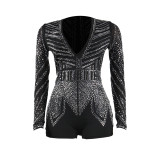 Deep V-Neckline Sparkling Diamond Body-Hugging Fit Short Jumpsuit