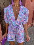 Deep V-Neckline Bubble Sleeves Floral Print Romper with Belt and Pockets