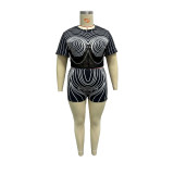 Swirl Print Chain Detail Bodycon Sheer Set with Tie-up Straps