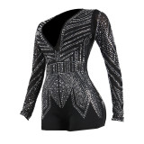 Deep V-Neckline Sparkling Diamond Body-Hugging Fit Short Jumpsuit