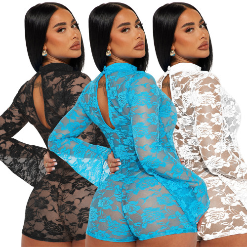 Floral Lace Elastic Flared Sleeve Sexy See Through Short Jumpsuit