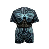 Swirl Print Chain Detail Bodycon Sheer Set with Tie-up Straps