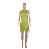 Sleeveless Halter Neck Tie Pleated Sexy Mini Dress