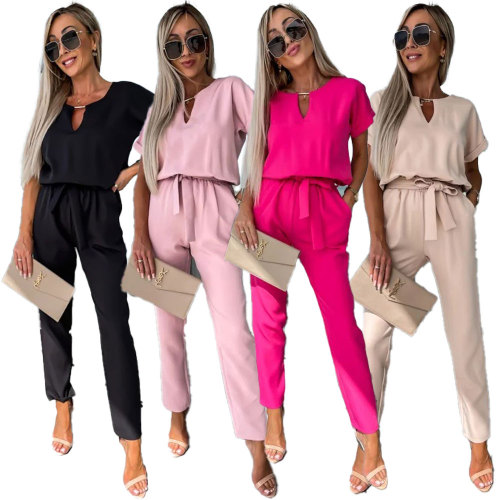 Summer Short-sleeved V-neck Elastic Waistband Tie Belt Jumpsuit with Pockets