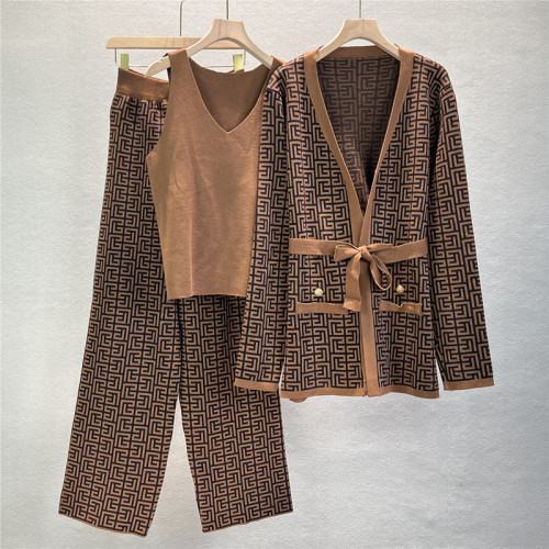 Knit Jacket V-Neck Top and Wide-Leg Pants Three-Piece Suit