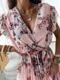 Lotus Leaf Hem Chiffon Floral Print V-neck Short Sleeve Dress