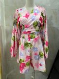 Summer Chiffon Lantern Sleeve V-Neck Blouse with Elastic Waist Straight Shorts Printed Set