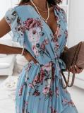 Lotus Leaf Hem Chiffon Floral Print V-neck Short Sleeve Dress