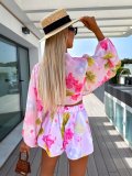 Summer Chiffon Lantern Sleeve V-Neck Blouse with Elastic Waist Straight Shorts Printed Set