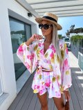 Summer Chiffon Lantern Sleeve V-Neck Blouse with Elastic Waist Straight Shorts Printed Set